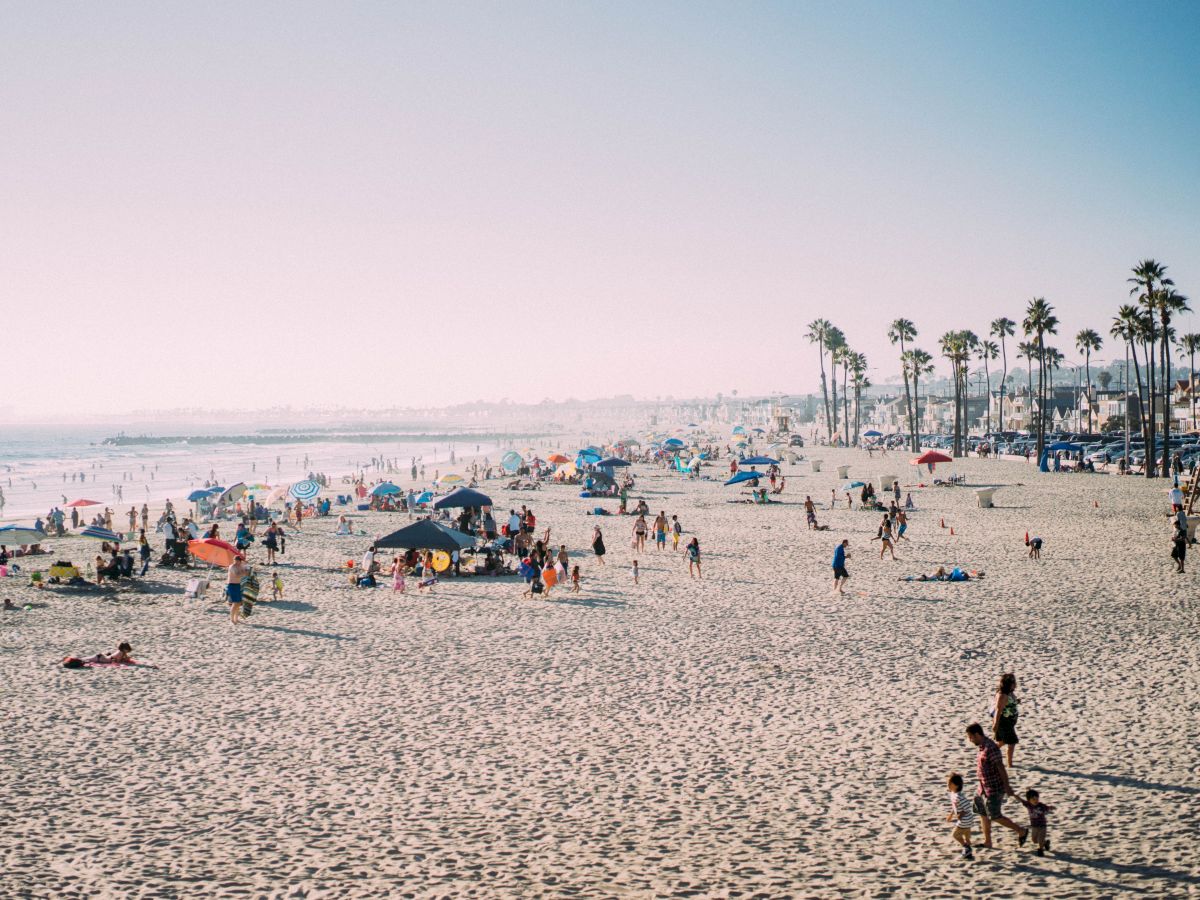 A bustling beach scene with people relaxing under umbrellas, playing in the sand, and swimming in the ocean, with palm trees lining the shore.