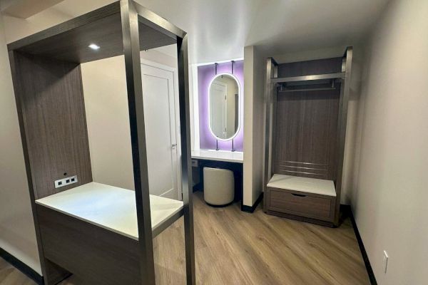 The image shows a modern room with a vanity, illuminated mirror, closet, and stylish wooden flooring.