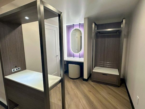 The image shows a modern room with a vanity, illuminated mirror, closet, and stylish wooden flooring.