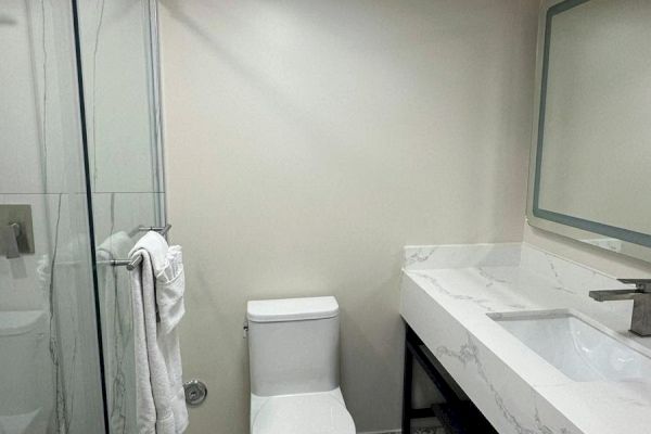 The image shows a modern bathroom with a toilet, a large vanity with sink, patterned tiled floor, and a glass shower enclosure.