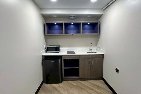 A compact kitchenette with a microwave, fridge, sink, stovetop, and cupboards. It's simply designed with wood tones and under-shelf lighting.