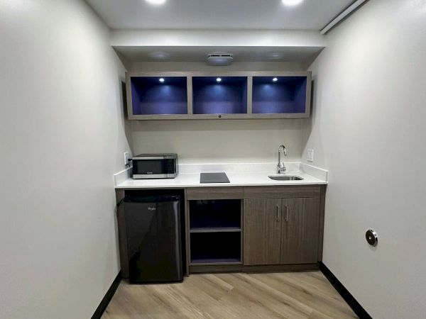 A compact kitchenette with a microwave, fridge, sink, stovetop, and cupboards. It's simply designed with wood tones and under-shelf lighting.